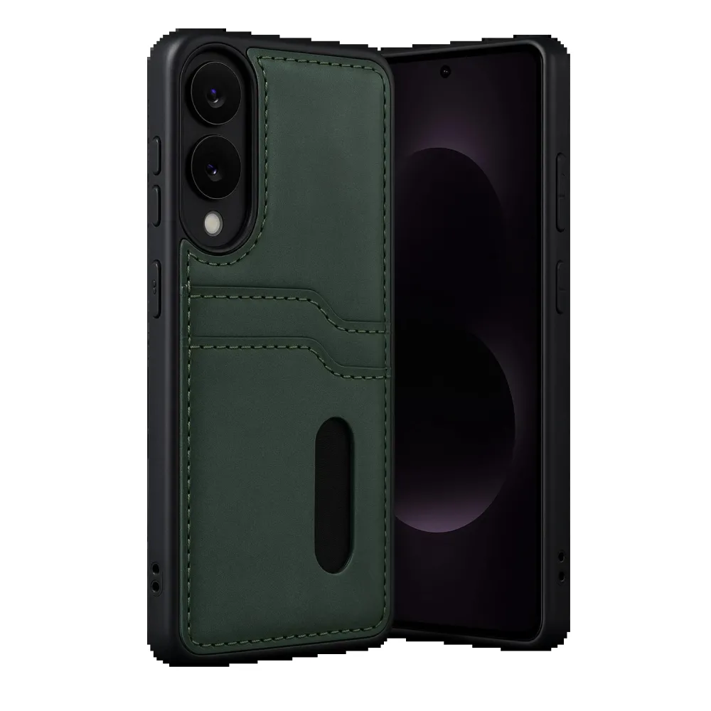 Newface Samsung Galaxy S25 Edge Sara Kartvizitli Deri Kılıf - Koyu Yeşil