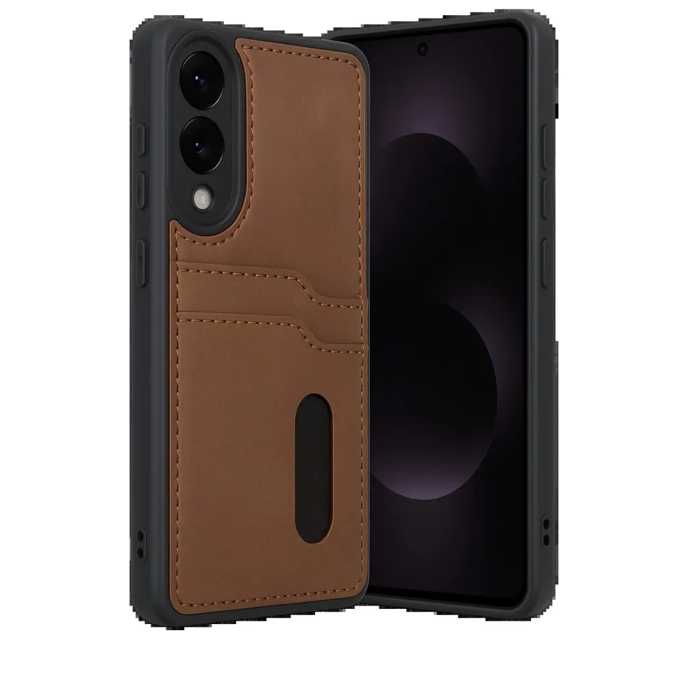 Newface Samsung Galaxy S25 Edge Sara Kartvizitli Deri Kılıf - Taba