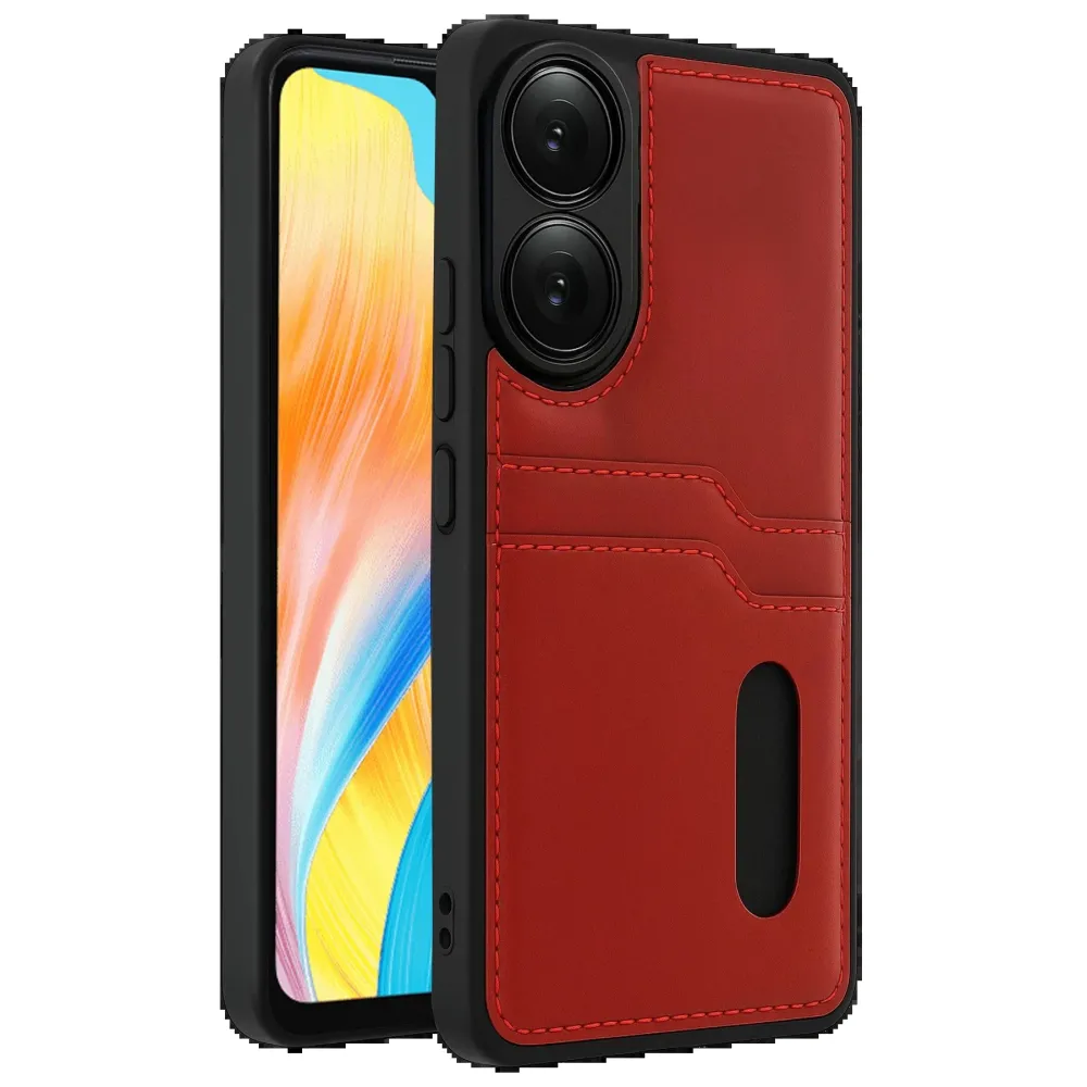 Newface Oppo A38 Sara Kartvizitli Deri Kılıf - Kırmızı