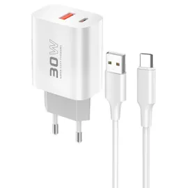 Konfulon C89Q 1 Adet 30W Type-C ve 1 Adet 22.5W USB Çıkışlı Ekstra DL49 1M USB to Type-C Kablolu PD Şarj Cihazı - Beyaz