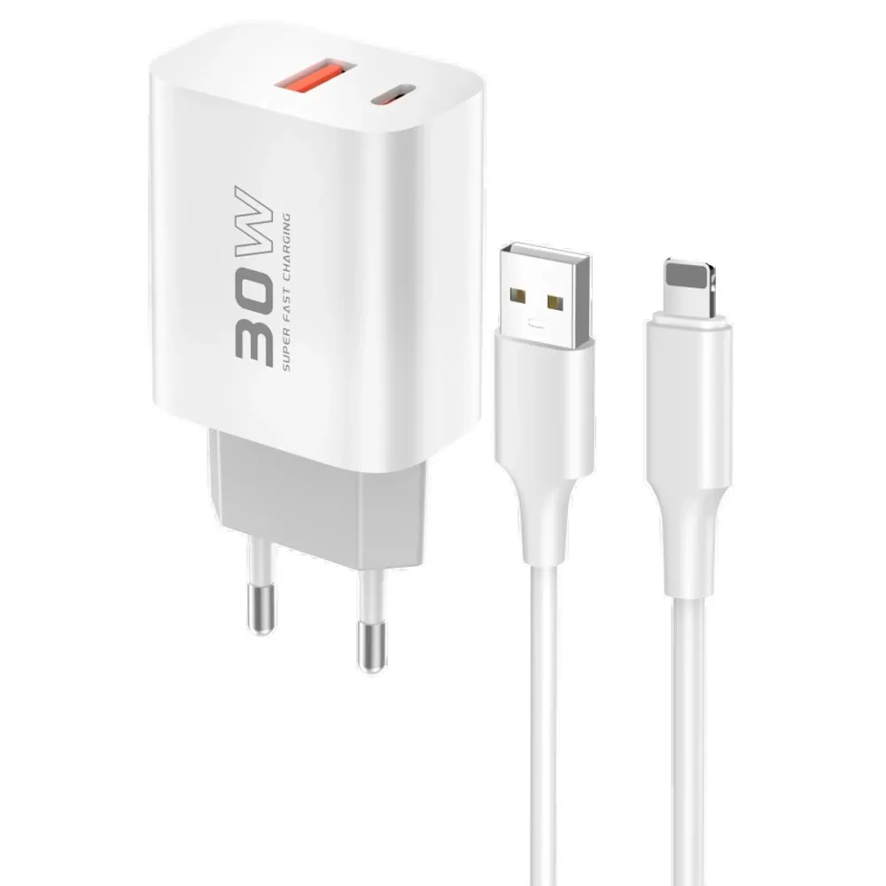 Konfulon C89Q 1 Adet 30W Type-C Ve 1 Adet 22.5W Usb Çıkışlı Ekstra Dl48 1M Usb To Lightning Kablolu Pd Şarj Cihazı - Beyaz