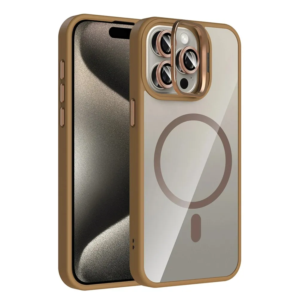 Joko Apple Iphone 15 Pro Max Remim Lensli Magsafe Standlı Kapak - Kahverengi