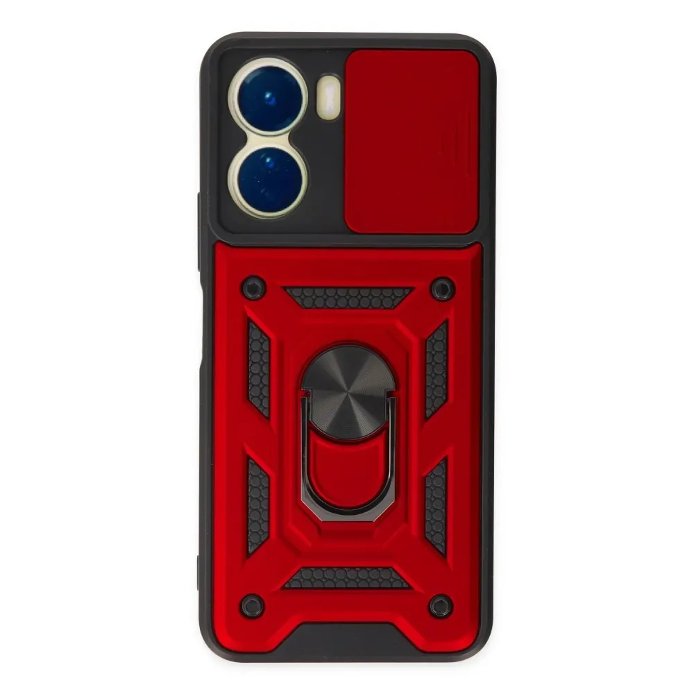 Newface Vivo Y16 Kılıf Pars Lens Yüzüklü Silikon - Kırmızı