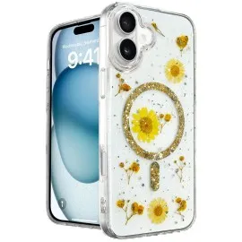 Newface Iphone 16 Kılıf Daisy Simli Magsafe Kapak - Gold