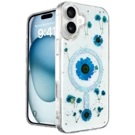 Newface Iphone 16 Kılıf Daisy Simli Magsafe Kapak - Mavi