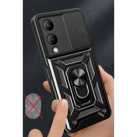 Newface Vivo Y17S Kılıf Pars Lens Yüzüklü Silikon - Siyah