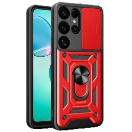 Newface Samsung Galaxy S25 Ultra Kılıf Pars Lens Yüzüklü Silikon - Kırmızı