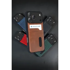 Newface Apple Iphone 17 Pro Sara Kartvizitli Deri Kılıf - Taba