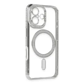 Newface Iphone 16 Kılıf Joke Simli Magneticsafe Kılıf - Gümüş