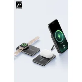 Newface PW580 5.000 mAh 20W Type-C 15W Kablosuz Şarj 3W Saat Şarj ve 5W Kulaklık Şarj Destekli PD Hızlı Şarj Magsafe Powerbank - Titanyum