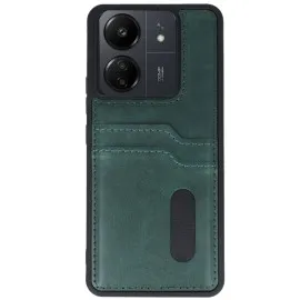 Newface Xiaomi Redmi 13C Kılıf Sara Kartvizitli Deri Kılıf - Koyu Yeşil