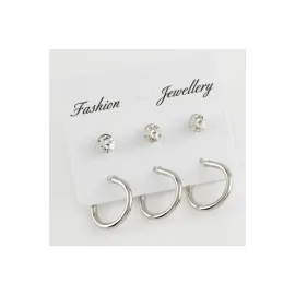 6 Adet Taşlı Halka Küpe 1,5 cm-Gümüş Rengi