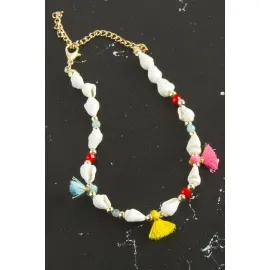 Deniz Kabuğu Püskül Boncuk Halhal-Beyaz