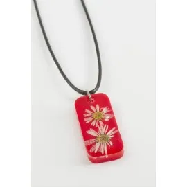 Papatya Dikdörtgen Epoksi Kolye-Kırmızı