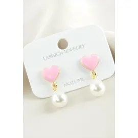 Kalp Mineli İnci Küpe-Pembe