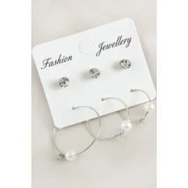 6 Adet İnci Taşlı Halka Küpe 2,5 cm-Gümüş Rengi