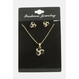 Çiçek Damla Zirkon Taşlı Set Kolye-Siyah