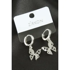Kelebek Zirkon Taşlı Küpe-Gümüş Rengi