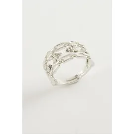 Zincir Şekilli Zirkon Taşlı Yüzük-Gümüş Rengi