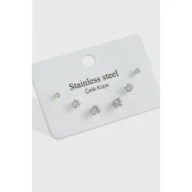 6 Adet Zirkon Tek Taşlı Çelik Küpe-Gümüş Rengi