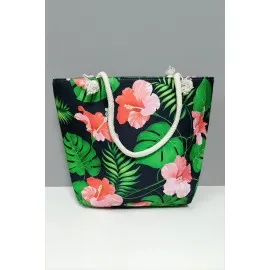 Yaprak Çiçek Desenli Plaj Çantası-Yeşil