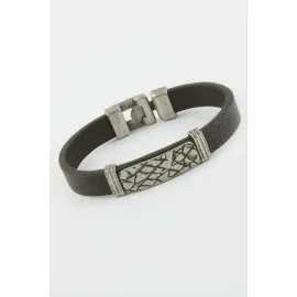 Zemin Desenli Suni Deri Bileklik-Siyah