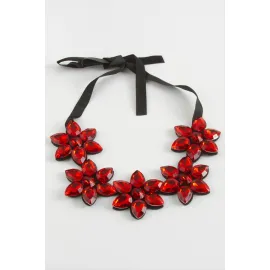 Çiçek Taşlı Yaka Kolye-Kırmızı