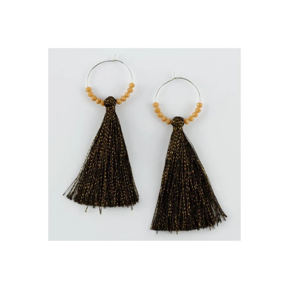 Simli Kristal Taşlı Halka Püskül Küpe-Sarı