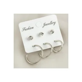 6 Adet Boru Taşlı Halka Küpe 1,5-2-2,5 Cm-Gümüş Rengi