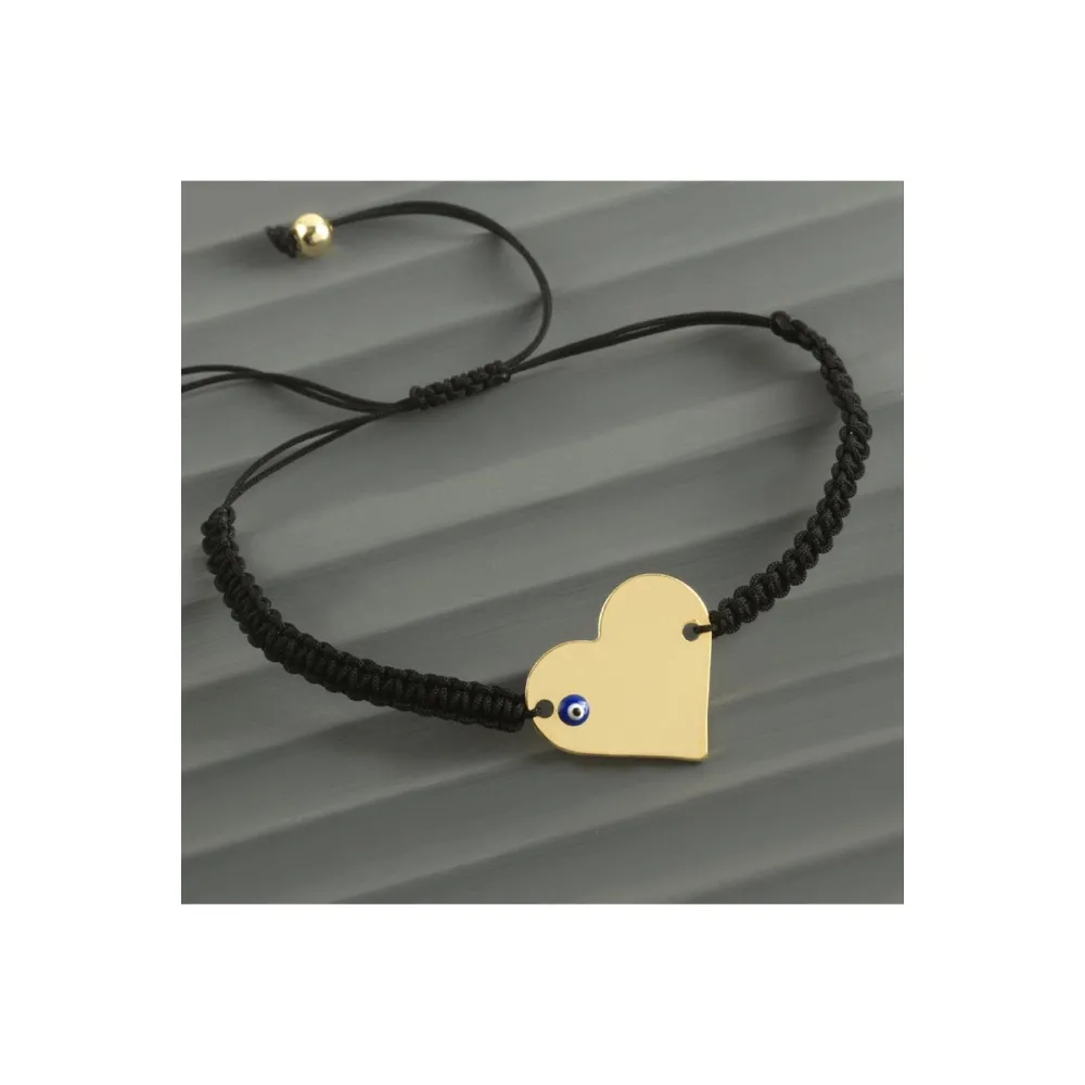 Kalp İsim Yazılabilir Boş Plaka Örgülü Bileklik-Siyah