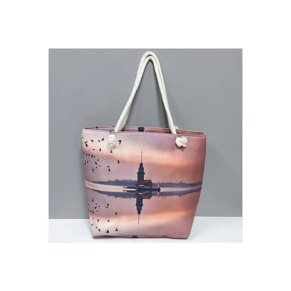 Galata Kulesi Desenli Plaj Çantası-Lila