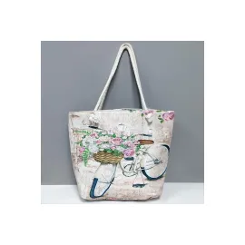 Bisiklet Desenli Plaj Çantası-Krem