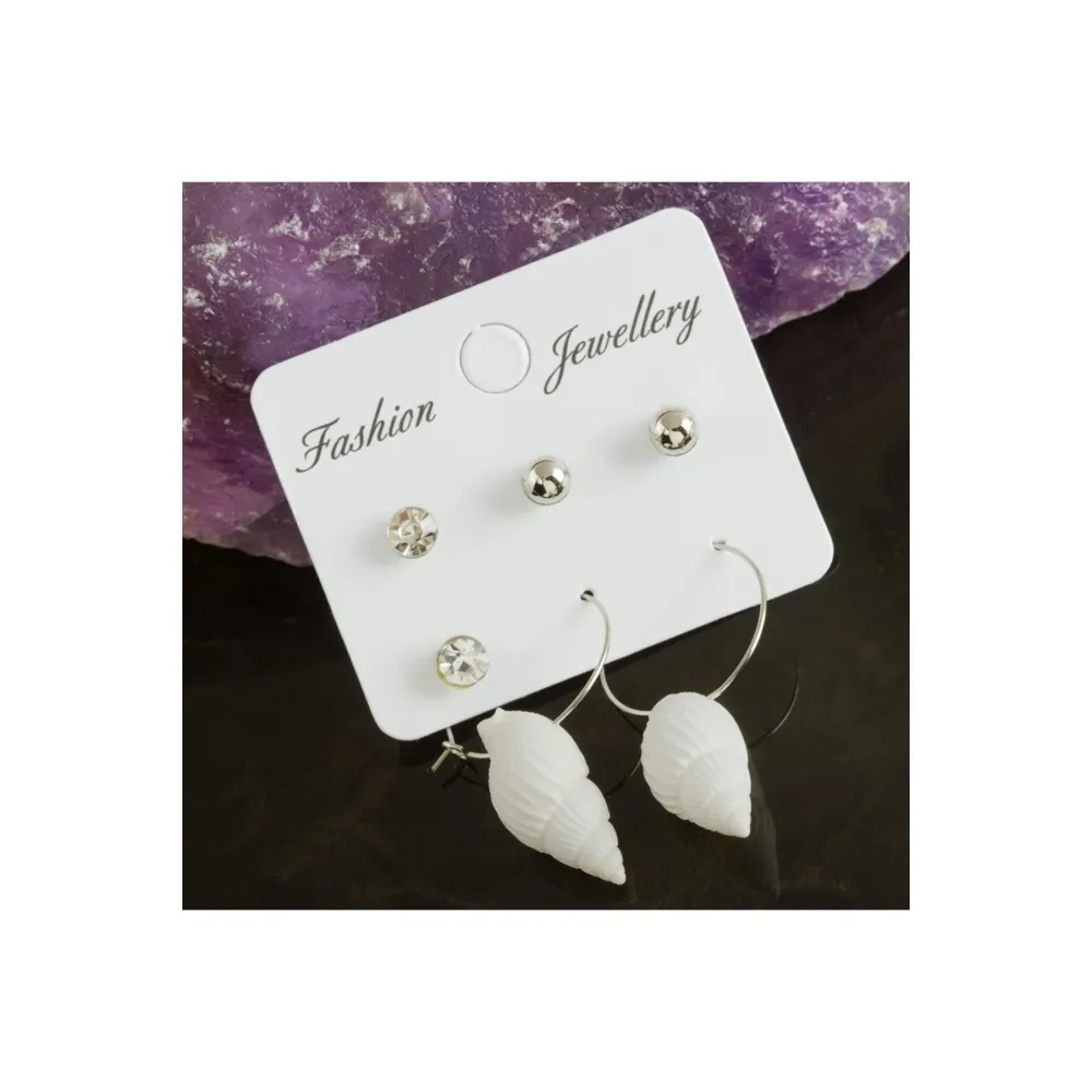 6 Adet Deniz Kabuğu Taşlı Halka Küpe 2 cm-Beyaz