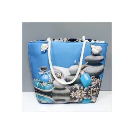 Deniz Taşları Desenli Plaj Çantası-Mavi