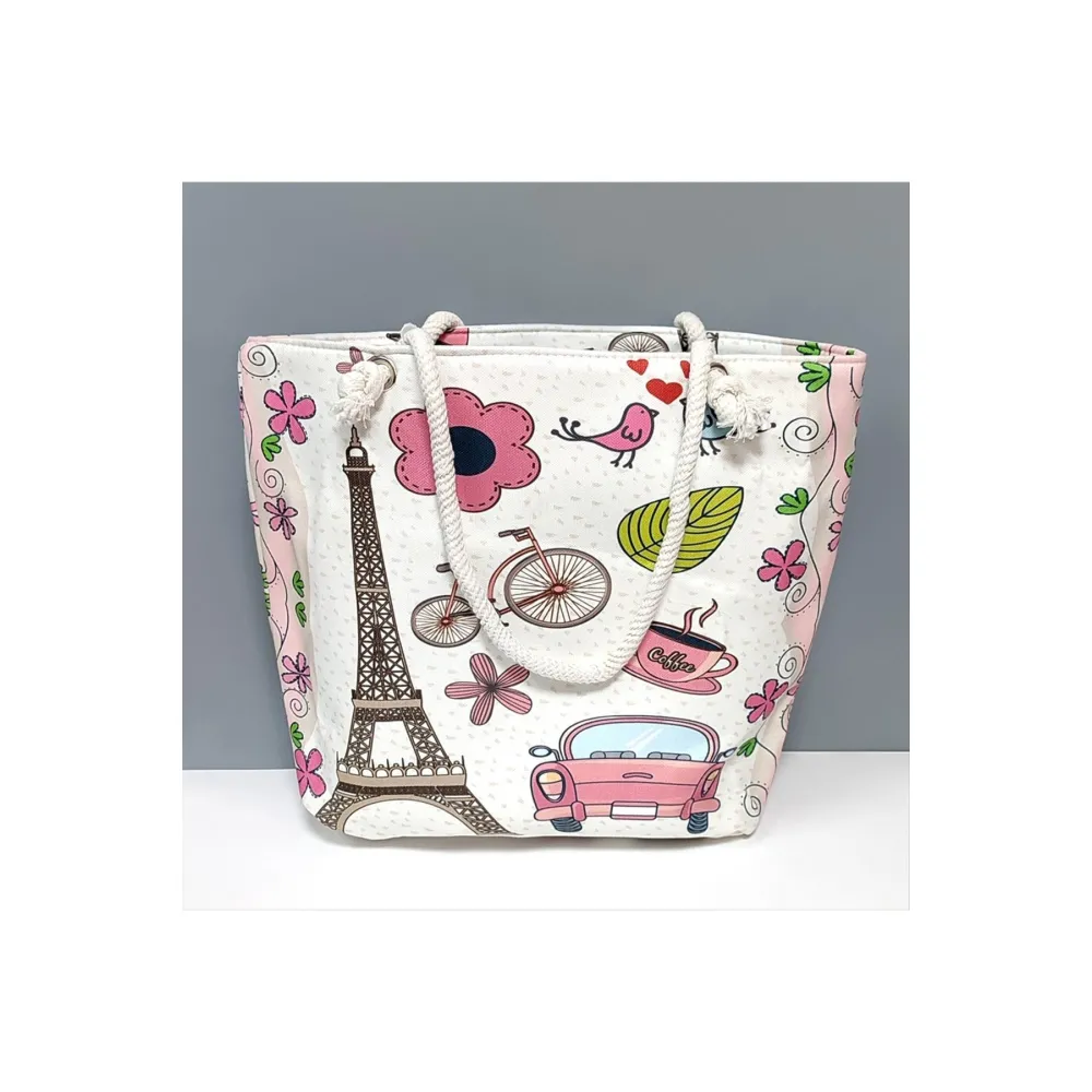 Eyfel Kulesi Desenli Plaj Çantası-Beyaz