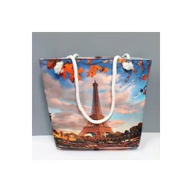 Eyfel Kulesi Desenli Plaj Çantası-Mavi