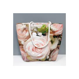 Gül Desenli Plaj Çantası-Açık Pembe