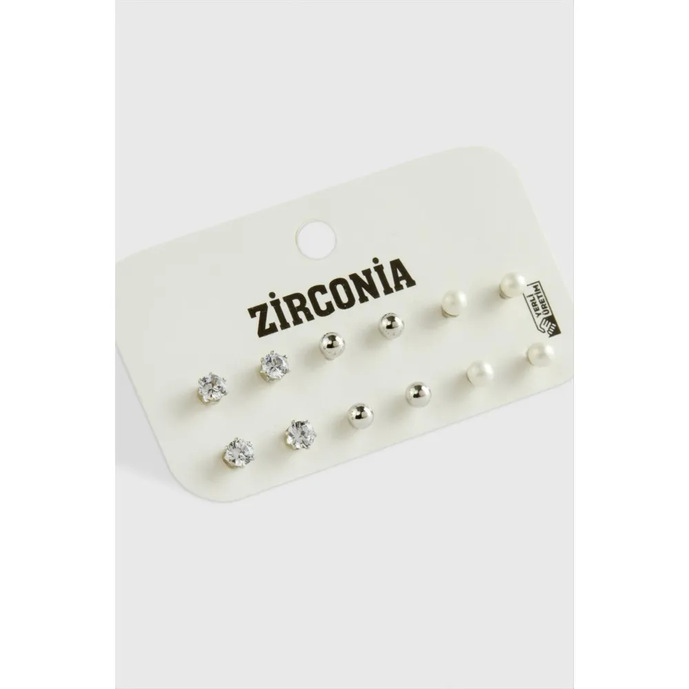 12 Adet İnci Zirkon Tek Taşlı Küpe-Gümüş Rengi