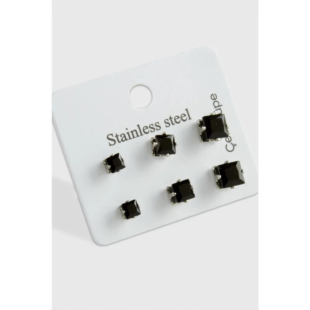 6 Adet Kare Zirkon Tek Taşlı Çelik Küpe-Siyah