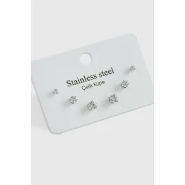 6 Adet Zirkon Tek Taşlı Çelik Küpe-Gümüş Rengi