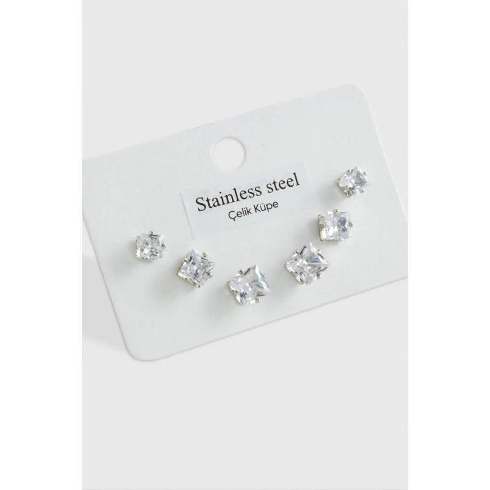 6 Adet Kare Zirkon Tek Taşlı Çelik Küpe  Büyük Kare -Gümüş Rengi