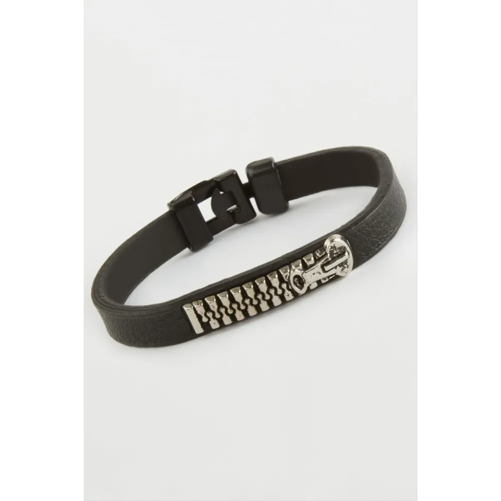 Fermuarlı Kaliteli Suni Deri Bileklik-Siyah