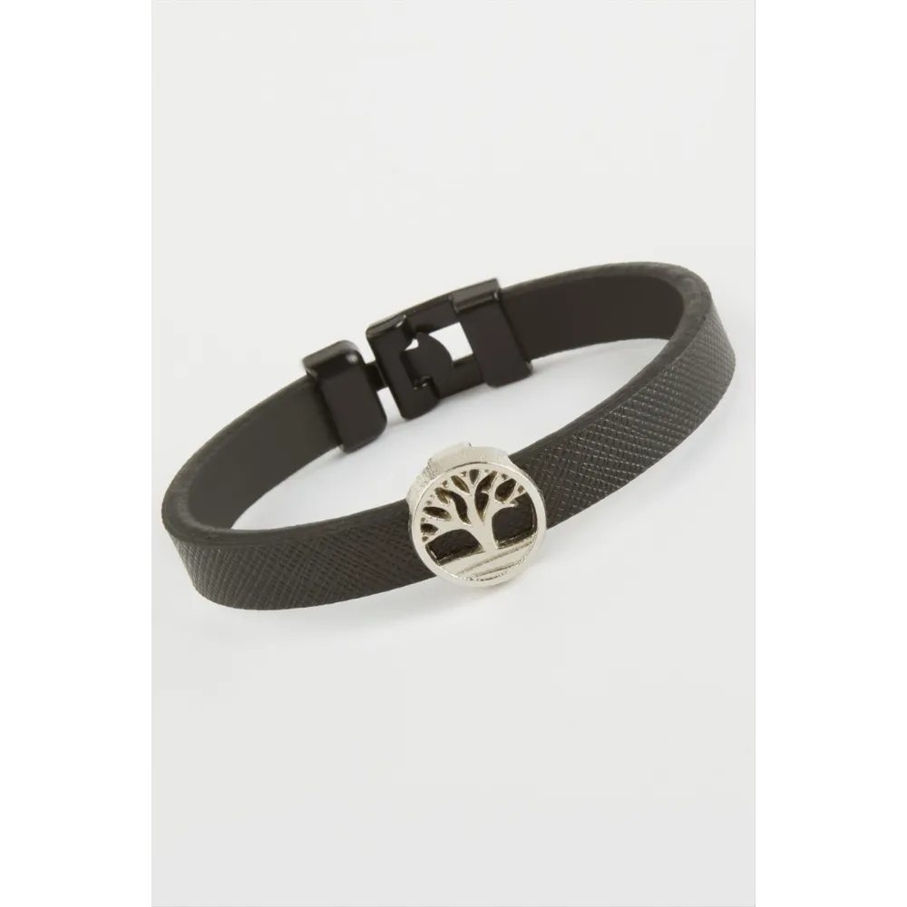 Hayat Ağacı Kaliteli Suni Deri Bileklik-Siyah