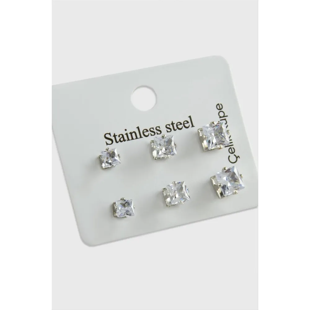 6 Adet Kare Zirkon Tek Taşlı Çelik Küpe-Gümüş Rengi