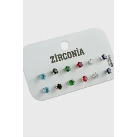 12 Adet Renkli Zirkon Tek Taşlı Küpe-Renkli