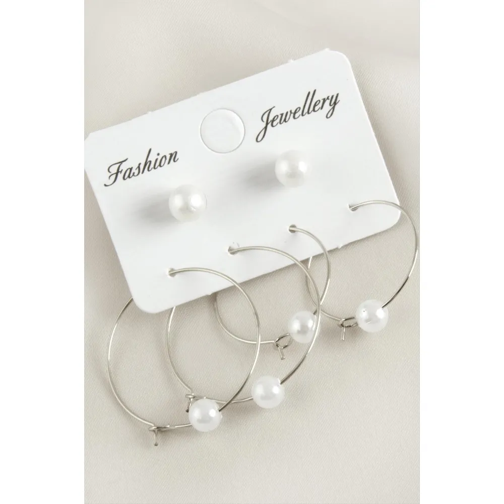 6 Adet İnci Halka Küpe 2,5 cm-Gümüş Rengi