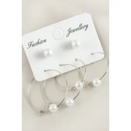 6 Adet İnci Halka Küpe 2,5 cm-Gümüş Rengi