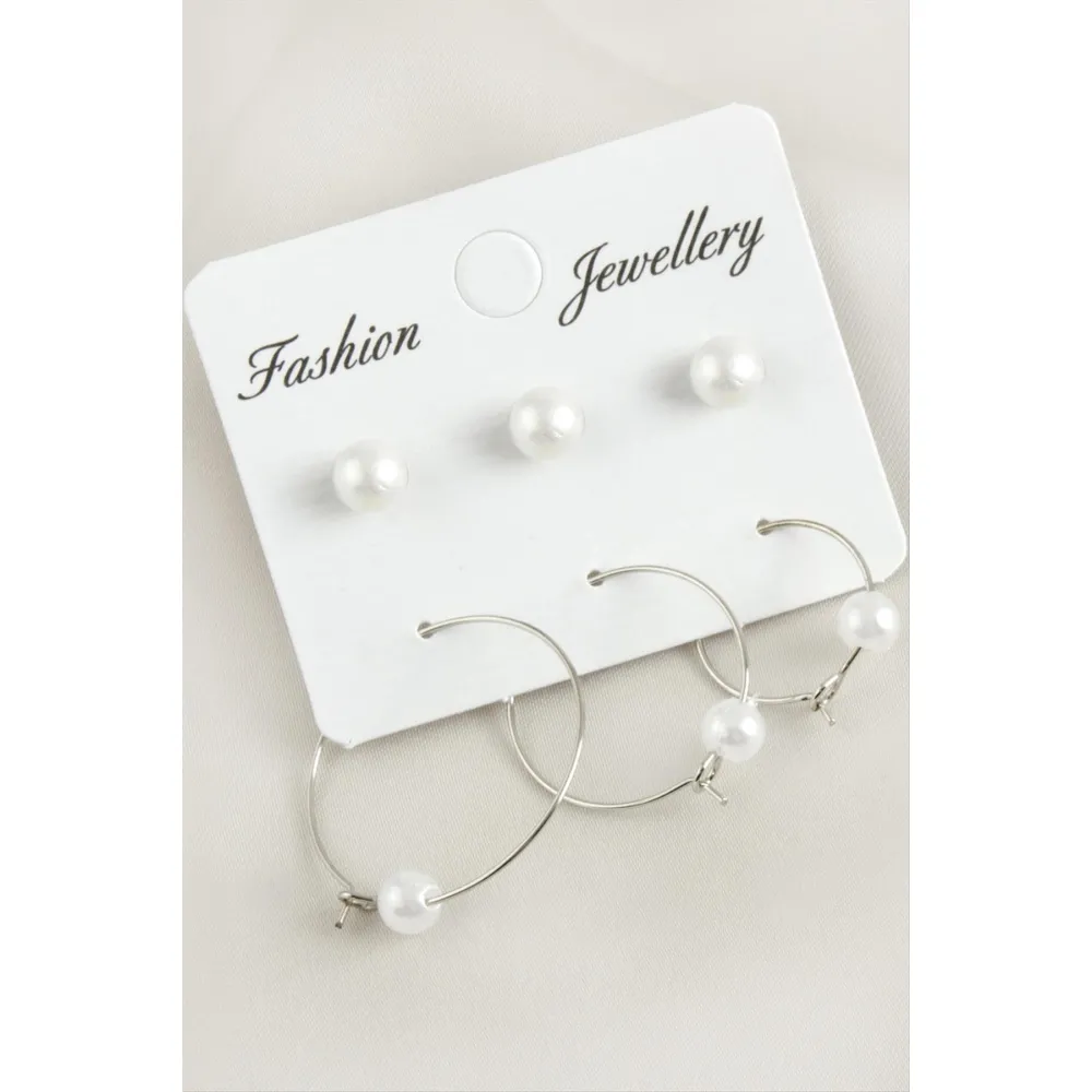 6 Adet İnci Halka Küpe 2,5 cm-Gümüş Rengi