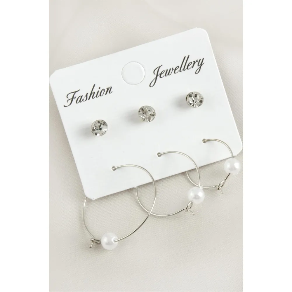 6 Adet İnci Taşlı Halka Küpe 2,5 cm-Gümüş Rengi