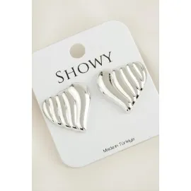 Kalp Çizgili Yeni Sezon Metal Küpe-Gümüş Rengi